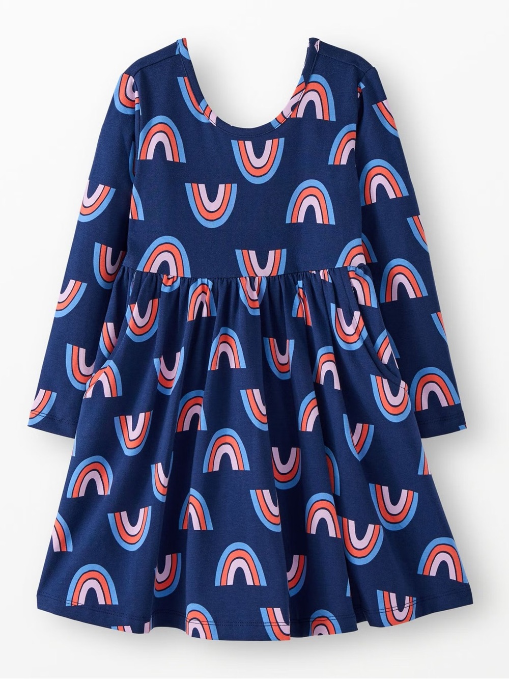Hanna Andersson Navy Dress with Pink and Light Blue Rainbow Print